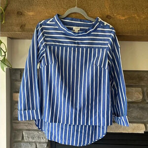 J Crew Shirt Women 0 Blue White vertical Stripe Funnel Neck Cotton